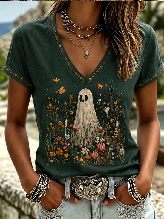 Casual Floral V Neck Short Sleeve T-shirt