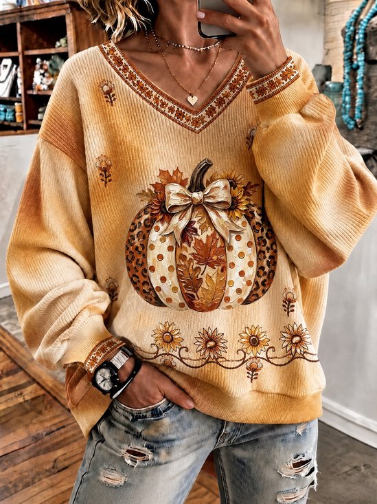 Casual Floral V Neck Long Sleeve Sweatshirt