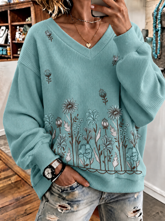 Casual Floral V Neck Long Sleeve Sweatshirt