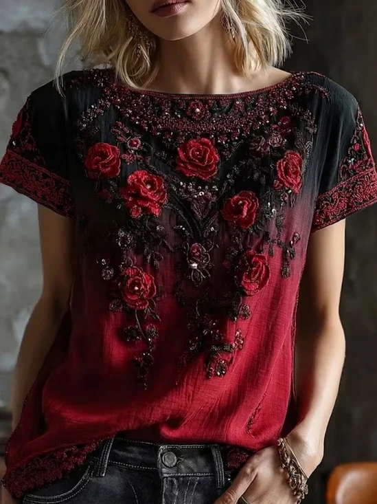 Casual Floral Crew Neck Short Sleeve T-shirt