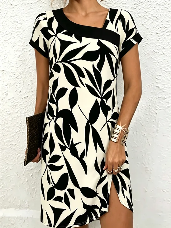Women Floral Summer Dress Asymmetrical Short Sleeve H-Line Dress