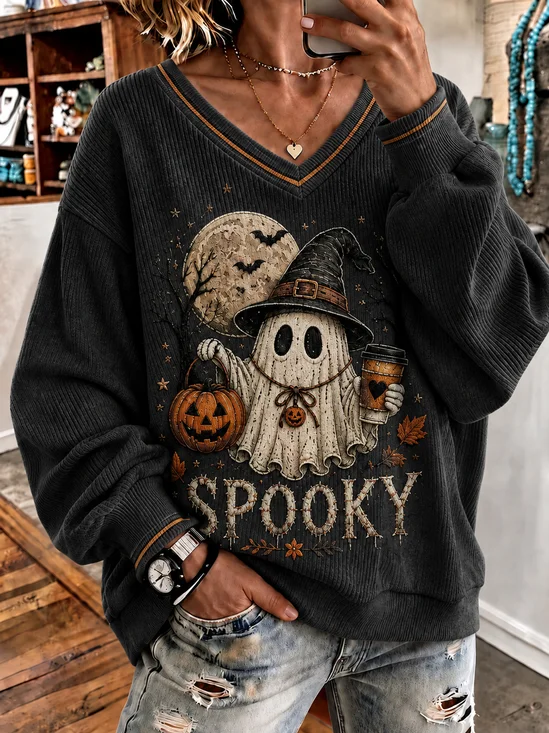 Casual Text Letters V Neck Long Sleeve Sweatshirt