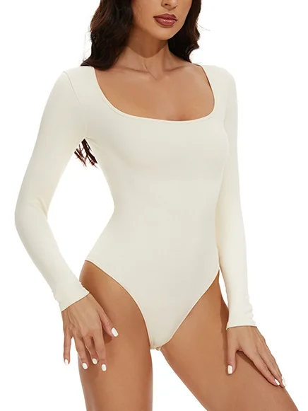 Women's Long Sleeve Tummy Control Bodysuit Waist Shaping Scoop Neck Body Shaper