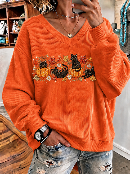 Casual Cat V Neck Long Sleeve Sweatshirt
