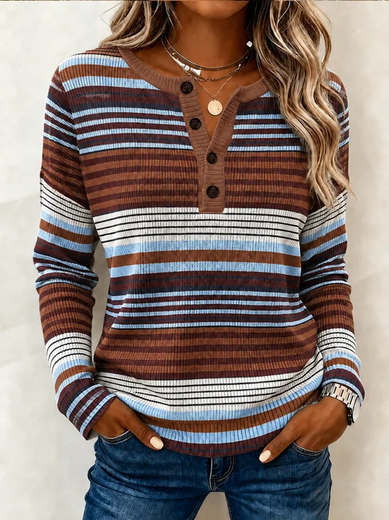 Casual Striped Henley Collar Long Sleeve T-shirt