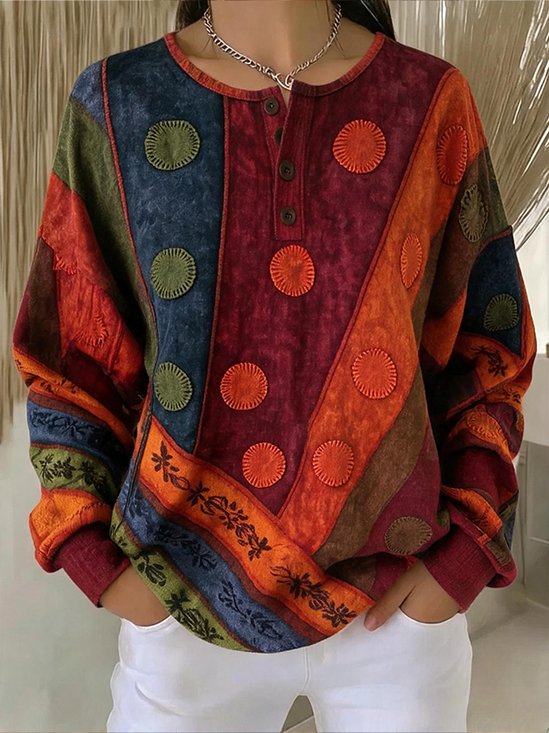 Boho Geometric Henley Collar Long Sleeve Sweatshirt