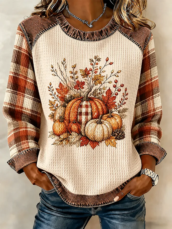 Vintage Plaid Crew Neck Long Sleeve Sweatshirt