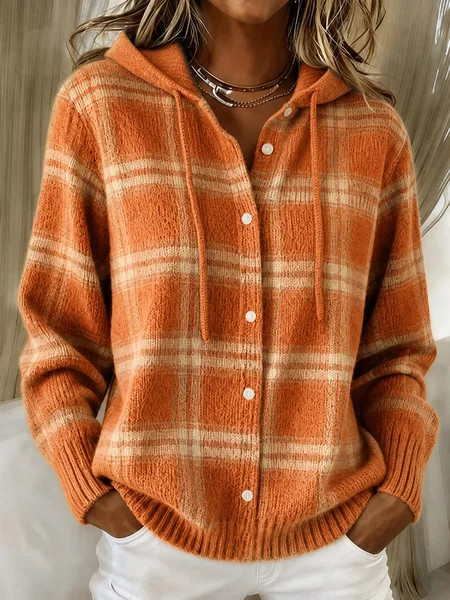 Plaid Casual Hoodie Regular Fit Knit Top
