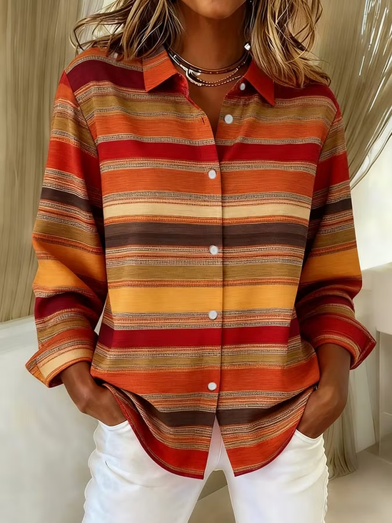 Women Striped Vintage Shirt Shirt Collar Long Sleeve Top