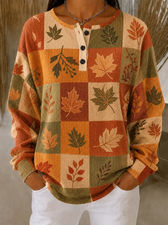Vintage Maple Leaf Henley Collar Long Sleeve Sweatshirt