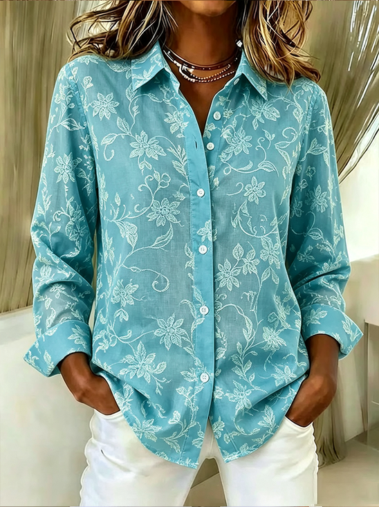 Women Floral Casual Shirt Shirt Collar Long Sleeve Buckle Top