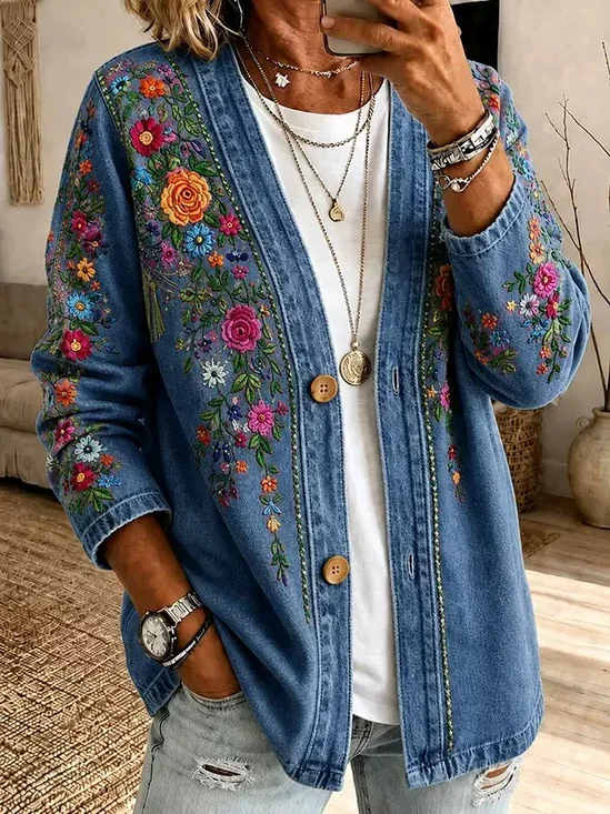 Women Spring/Fall Outerwear Casual Printing Floral Long Sleeve Jacket