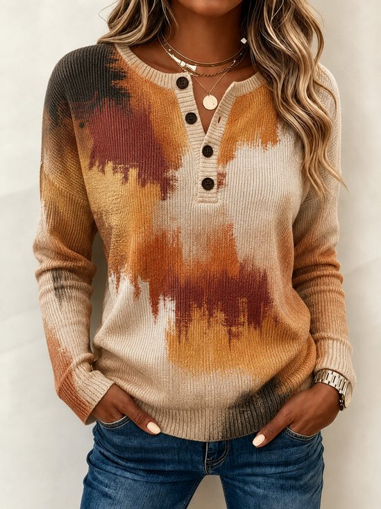 Casual Geometric Henley Collar Long Sleeve T-shirt