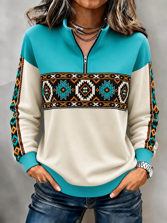 Casual Color Block Half Open Collar Long Sleeve Sweatshirt