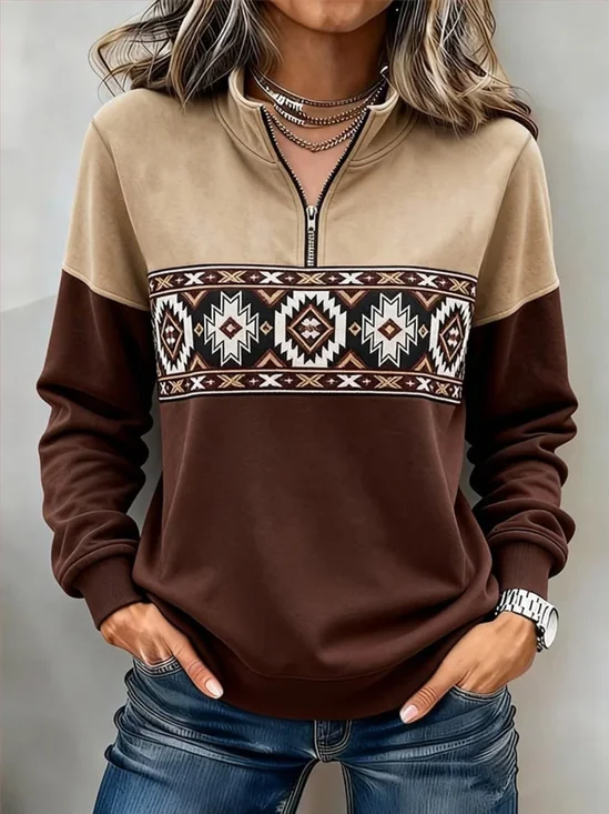 Casual Abstract Half Open Collar Long Sleeve Sweatshirt