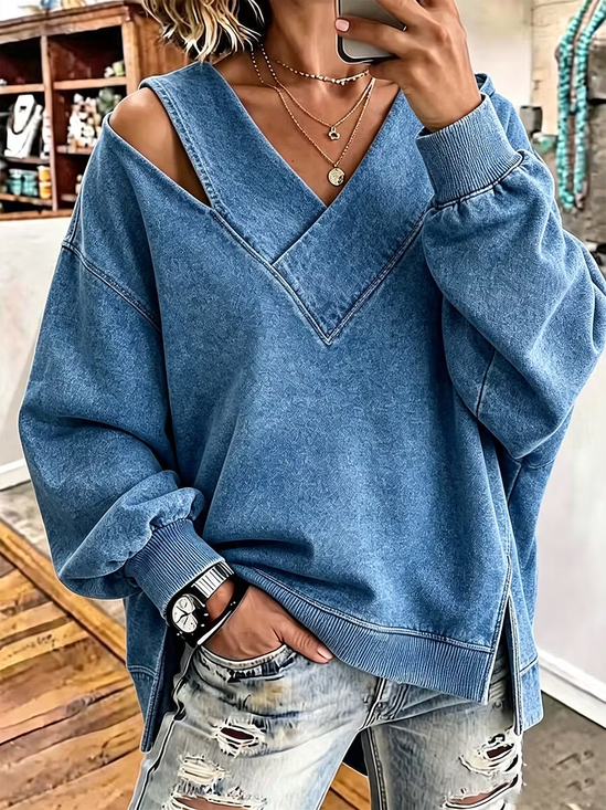 Casual Plain V Neck Long Sleeve Sweatshirt