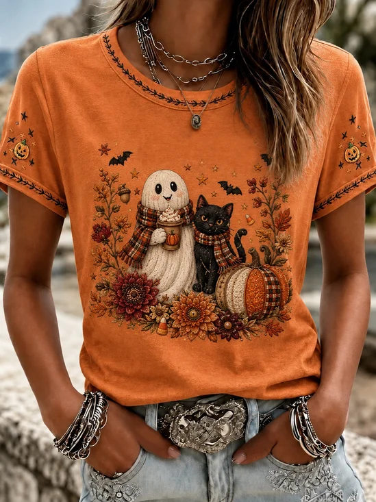 Casual Cat Crew Neck Short Sleeve T-shirt