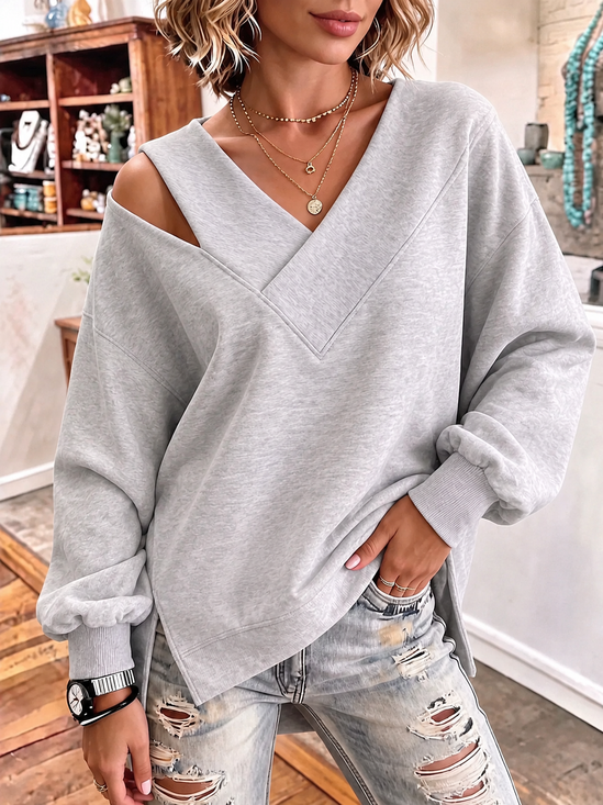 Casual Plain V Neck Long Sleeve Sweatshirt