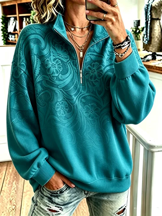 Vintage Floral Mock Neck Long Sleeve Sweatshirt