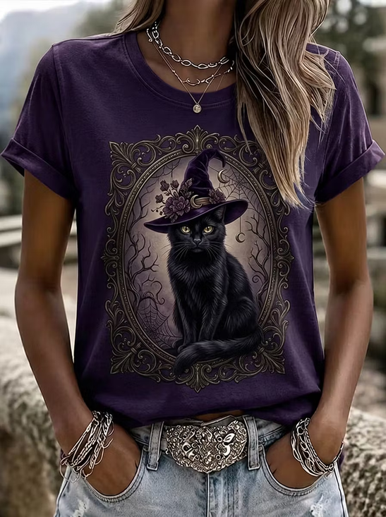 Casual Cat Crew Neck Short Sleeve T-shirt
