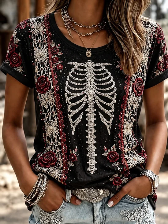 Casual Floral Crew Neck Short Sleeve T-shirt