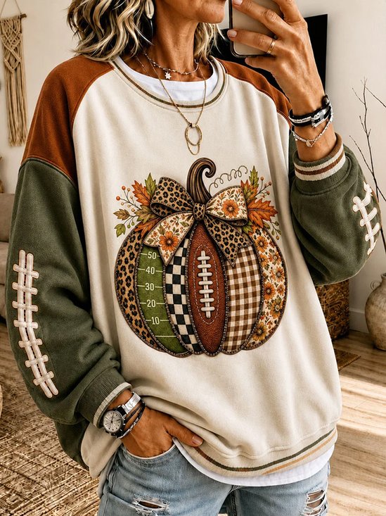 Casual Color Block Crew Neck Long Sleeve Sweatshirt