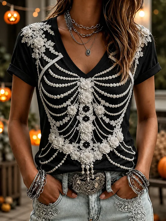 Casual Floral V Neck Short Sleeve T-shirt