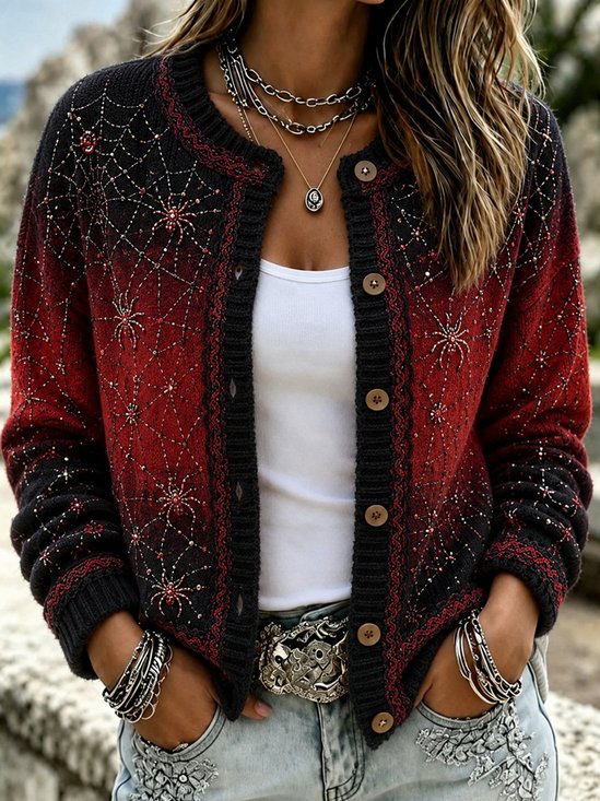 Women Spider Web Pattern Long Sleeve Comfy Vintage Cardigan