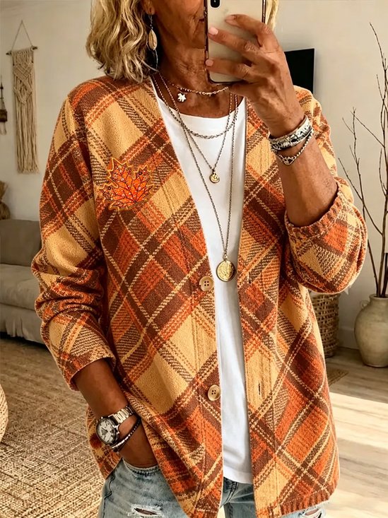 Women Spring/Fall Outerwear Casual Printing Plaid Long Sleeve Jacket
