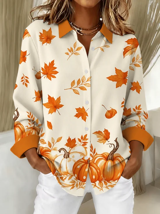 Women Maple Leaf Vintage Shirt Shirt Collar Long Sleeve Top