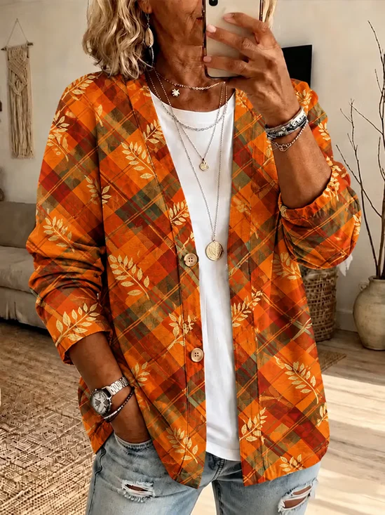 Women Spring/Fall Outerwear Casual Printing Plaid Long Sleeve Jacket