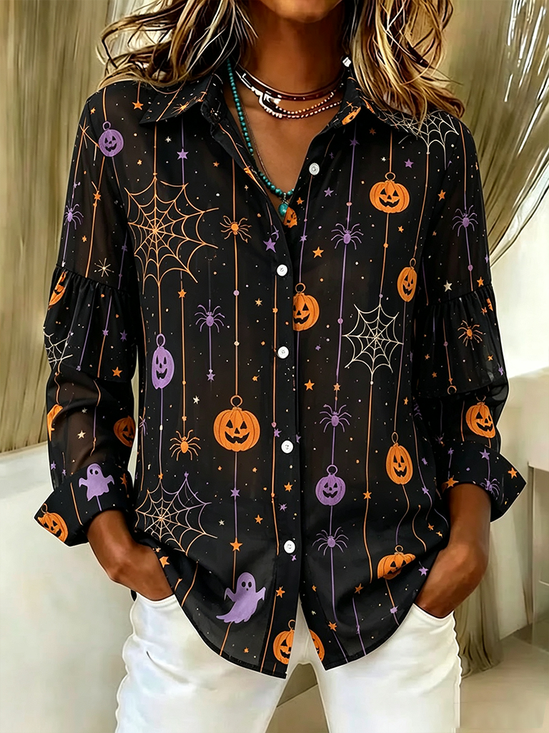Women Halloween (pumpkin) Casual Shirt Shirt Collar Long Sleeve Buckle Top