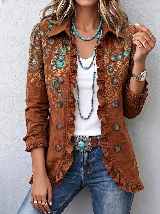 Women Spring/Fall Outerwear Vintage Floral Long Sleeve Shawl Collar Jacket
