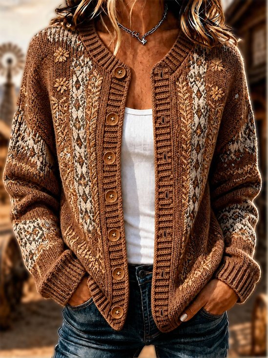 Women Geometric Long Sleeve Comfy Vintage Cardigan