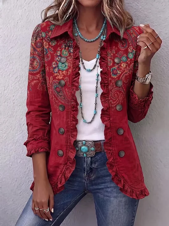 Women Spring/Fall Outerwear Vintage Floral Long Sleeve Shawl Collar Jacket