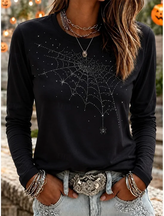 Vintage Spider Web Pattern Crew Neck Long Sleeve T-shirt