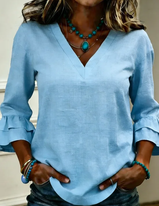 Women Plain Casual Blouse V Neck Three Quarter Sleeve Peplum Top