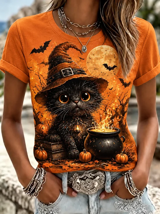 Casual Cat Crew Neck Short Sleeve T-shirt