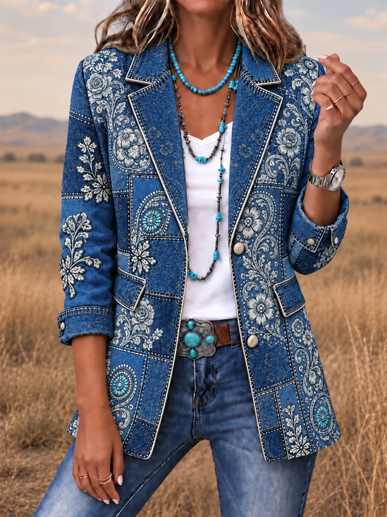 Women Spring/Fall Outerwear Vintage Floral Long Sleeve Lapel Collar Jacket