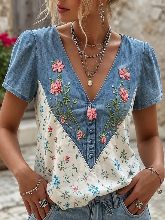 Vintage Floral V Neck Short Sleeve T-shirt