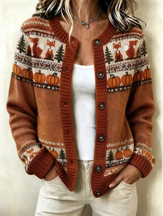 Women Spring/Fall Outerwear Vintage Printing Geometric Long Sleeve Crew Neck Jacket