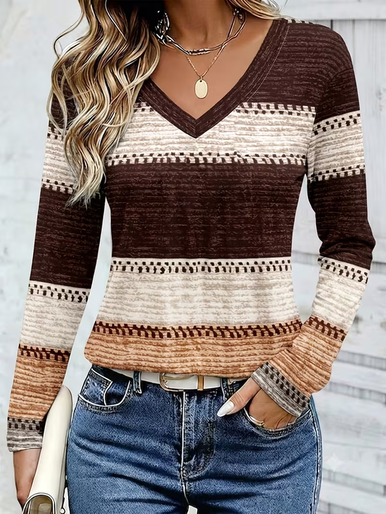 Casual Striped V Neck Long Sleeve T-shirt
