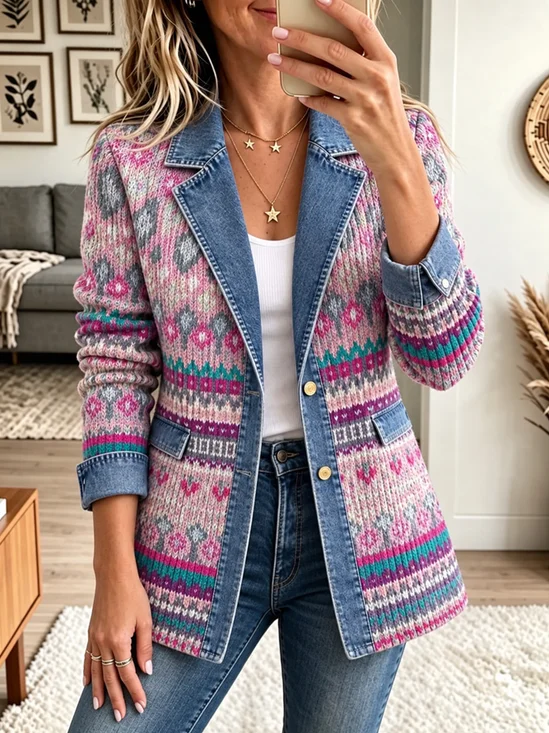 Women Spring/Fall Outerwear Casual Geometric Long Sleeve Lapel Collar Jacket