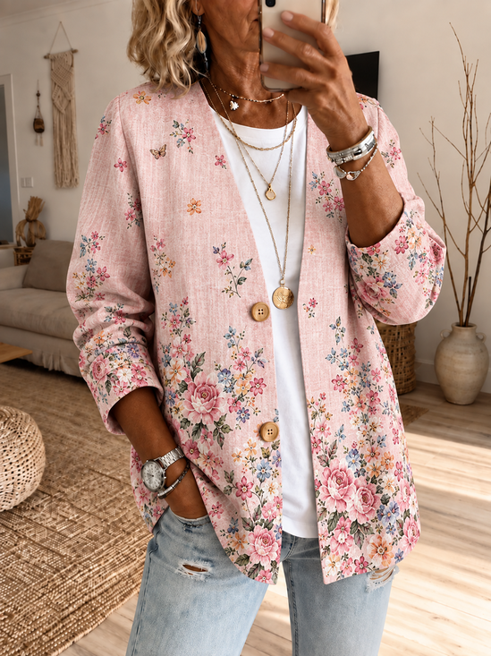 Women Spring/Fall Outerwear Casual Printing Floral Long Sleeve Jacket