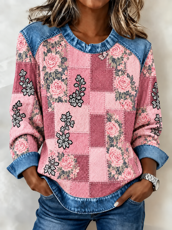 Casual Floral Crew Neck Long Sleeve Sweatshirt