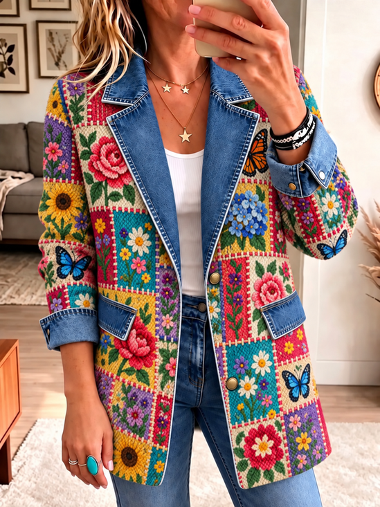 Women Spring/Fall Outerwear Vintage Floral Long Sleeve Lapel Collar Jacket