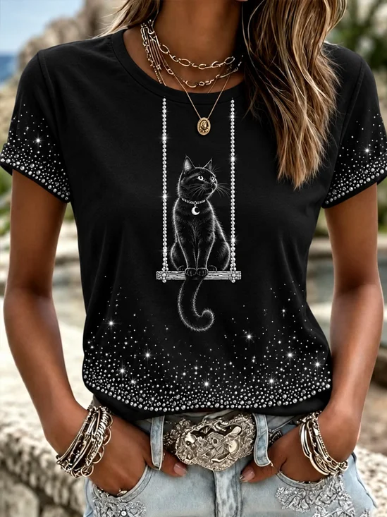 Casual Cat Crew Neck Short Sleeve T-shirt