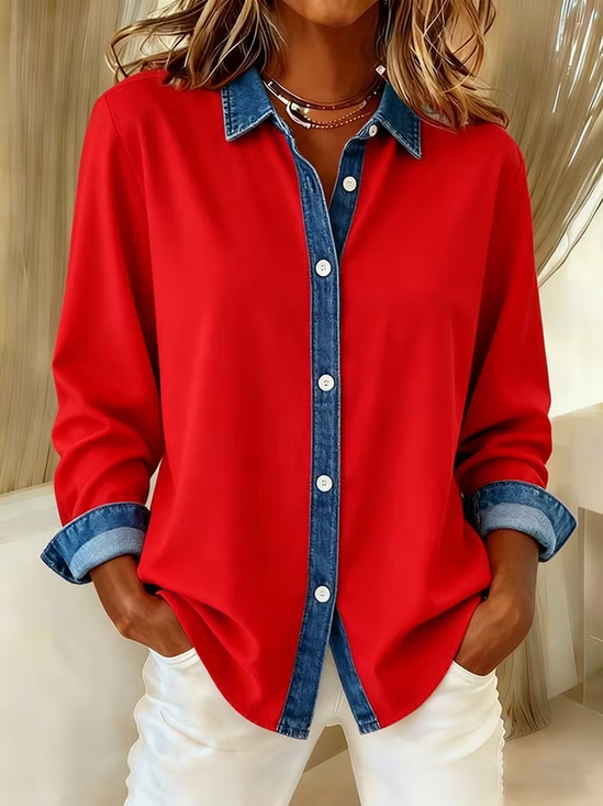 Women Plain Casual Shirt Shirt Collar Long Sleeve Buckle Top