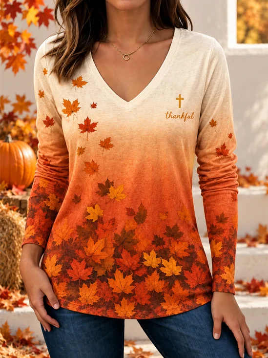Vintage Maple Leaf V Neck Long Sleeve T-shirt