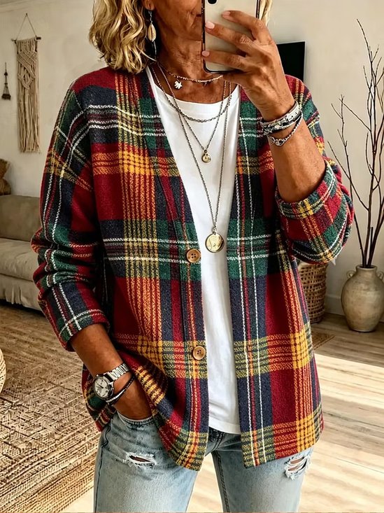 Women Spring/Fall Outerwear Casual Printing Plaid Long Sleeve Jacket
